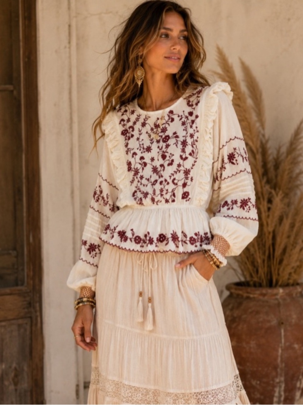 Calypso St. Barth Cream blouse with embroidery